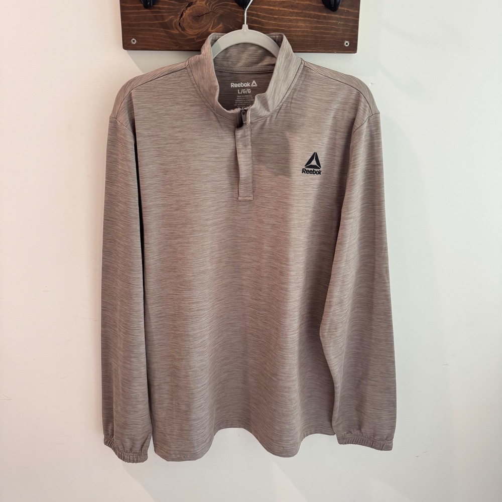 Reebok Mens 1/4 Zip Mock Driftwood Heather Slim Fit‎ Pullover Large